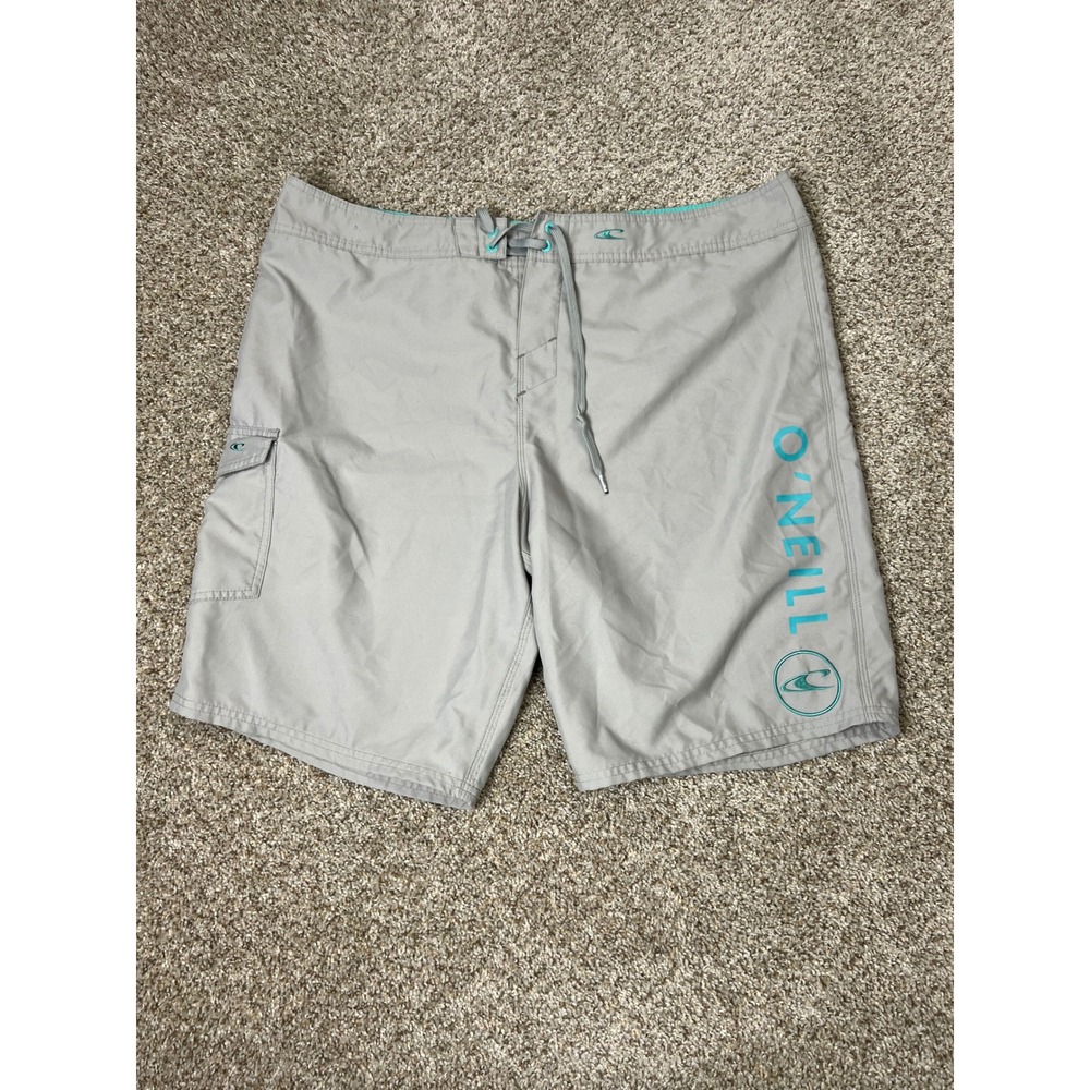 O'Neill Mens Gray Board Shorts Teal Logo Cargo Pocket Swim Trunks Size 40